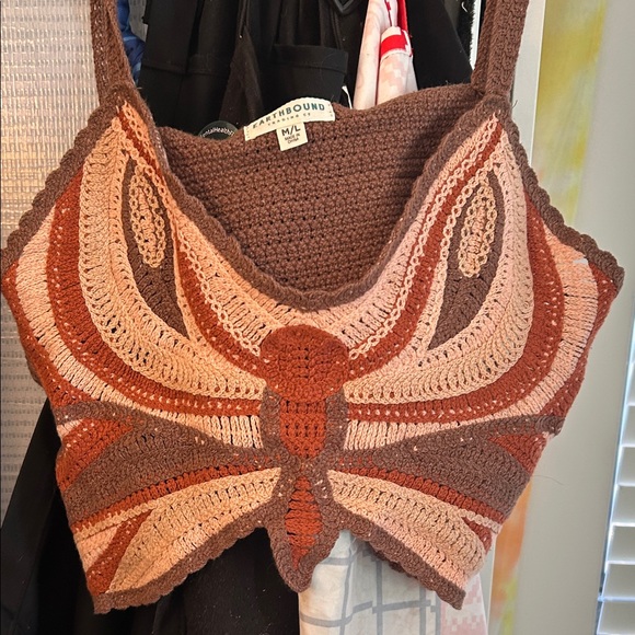 EARTHBOUND Tops - EARTHBOUND Brown and Pink Crochet Tank Top